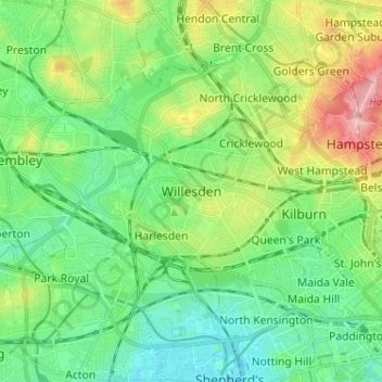 Mappa topografica Willesden, altitudine, rilievo