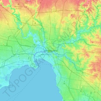 Mappa topografica Melbourne, altitudine, rilievo