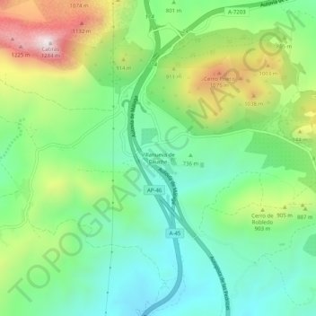 Mappa topografica Villanueva de Cauche, altitudine, rilievo