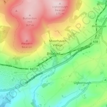 Mappa topografica Bittaford, altitudine, rilievo