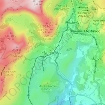 Mappa topografica Tanygrisiau, altitudine, rilievo