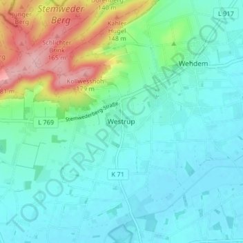 Mappa topografica Westrup, altitudine, rilievo