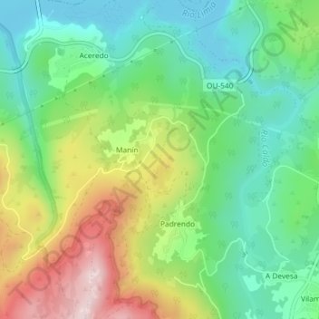 Mappa topografica Deiriña, altitudine, rilievo
