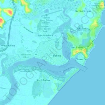 Mappa topografica Ballina, altitudine, rilievo