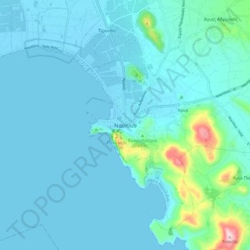 Mappa topografica Nauplia, altitudine, rilievo