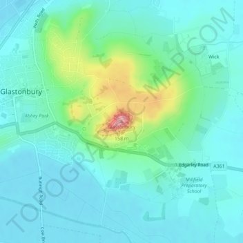 Mappa topografica Glastonbury Tor, altitudine, rilievo