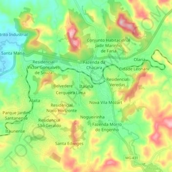 Mappa topografica Itaúna, altitudine, rilievo