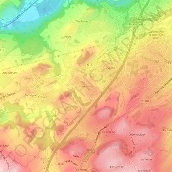 Mappa topografica Branchy, altitudine, rilievo