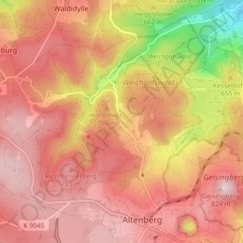 Mappa topografica Hirschsprung, altitudine, rilievo