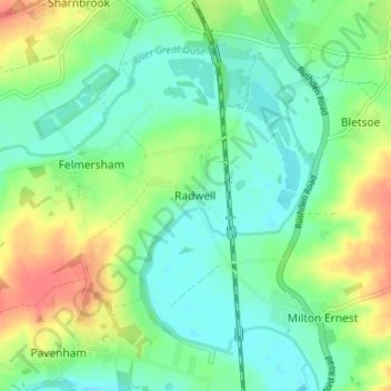 Mappa topografica Radwell, altitudine, rilievo