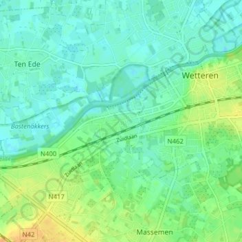 Mappa topografica Overbeke, altitudine, rilievo