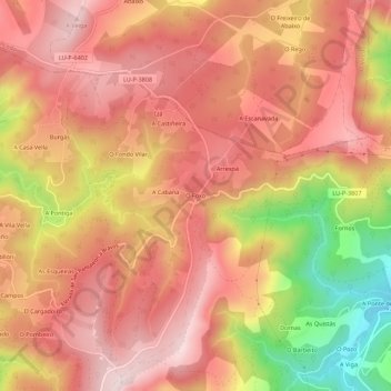 Mappa topografica O Foxo, altitudine, rilievo