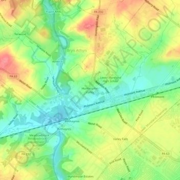 Mappa topografica Huntingdon Valley, altitudine, rilievo