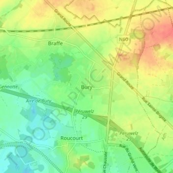 Mappa topografica Bury, altitudine, rilievo