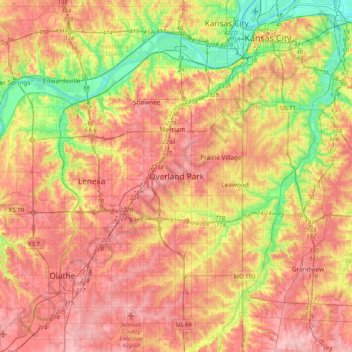 Mappa topografica Overland Park, altitudine, rilievo