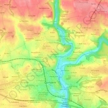 Mappa topografica Lézardeau, altitudine, rilievo