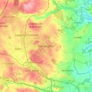 Mappa topografica Dinnington, altitudine, rilievo