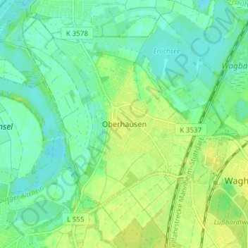 Mappa topografica Oberhausen, altitudine, rilievo