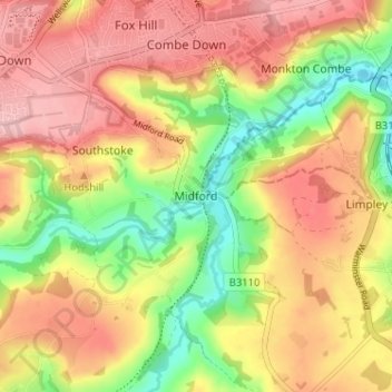Mappa topografica Midford, altitudine, rilievo