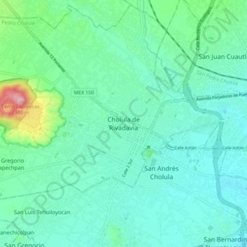 Mappa topografica Cholula de Rivadavia, altitudine, rilievo