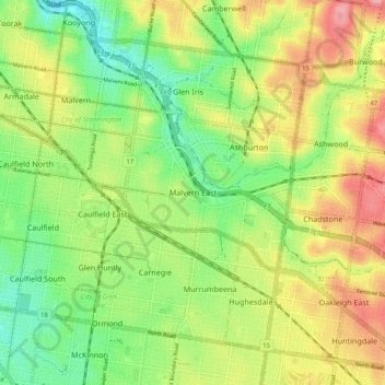 Mappa topografica Malvern East, altitudine, rilievo
