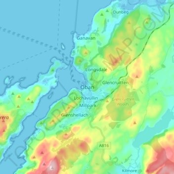 Mappa topografica Oban, altitudine, rilievo