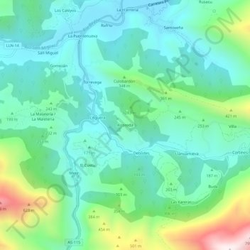 Mappa topografica Alcoreda, altitudine, rilievo