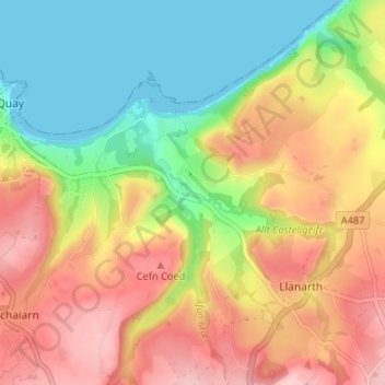 Mappa topografica Gilfachrheda, altitudine, rilievo