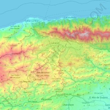 Mappa topografica Caracas, altitudine, rilievo