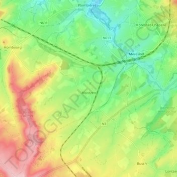 Mappa topografica Montzen, altitudine, rilievo