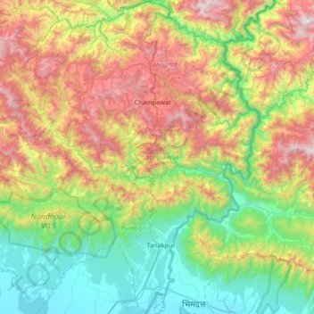 Mappa topografica Champawat District, altitudine, rilievo