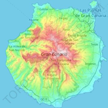 Mappa topografica Gran Canaria, altitudine, rilievo