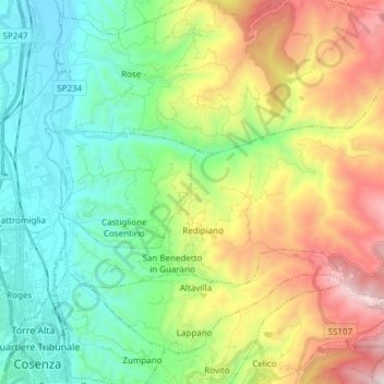 Mappa topografica San Pietro in Guarano, altitudine, rilievo