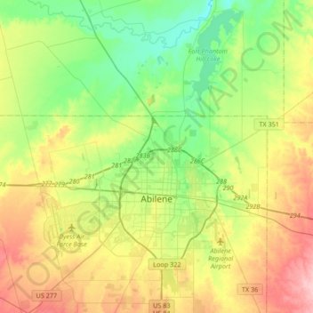 Mappa topografica Abilene, altitudine, rilievo