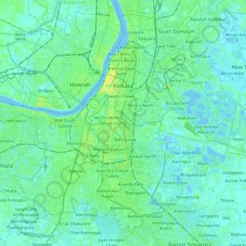 Mappa topografica Calcutta, altitudine, rilievo