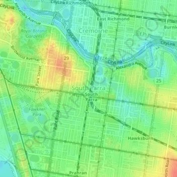 Mappa topografica South Yarra, altitudine, rilievo