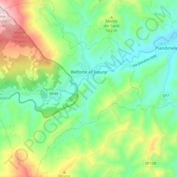 Mappa topografica Belforte all'Isauro, altitudine, rilievo