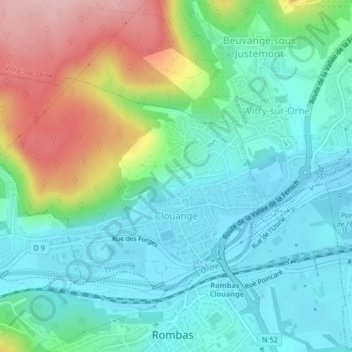 Mappa topografica Clouange, altitudine, rilievo