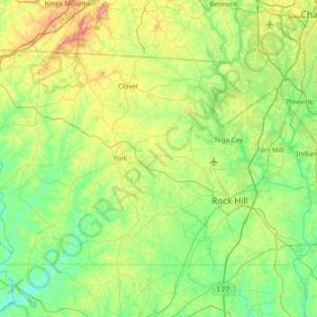 Mappa topografica York County, altitudine, rilievo