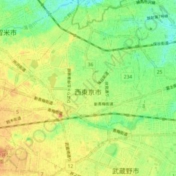 Mappa topografica 西東京市, altitudine, rilievo