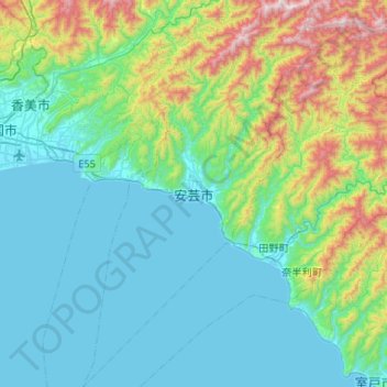 Mappa topografica 安芸市, altitudine, rilievo