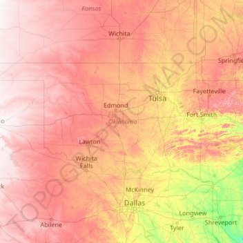 Mappa topografica Oklahoma, altitudine, rilievo