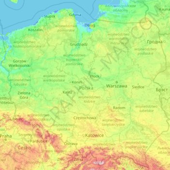 Mappa topografica Polonia, altitudine, rilievo