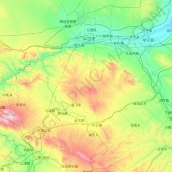 Mappa topografica 沙坡头区, altitudine, rilievo