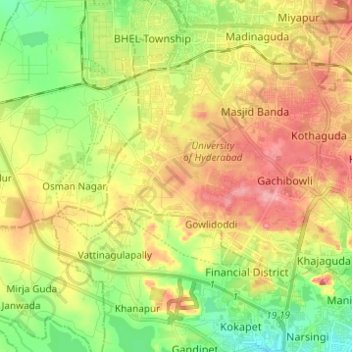 Mappa topografica Ward 105 Gachibowli, altitudine, rilievo