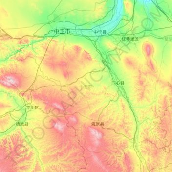 Mappa topografica 中卫市, altitudine, rilievo