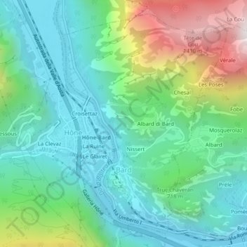 Mappa topografica Bard, altitudine, rilievo