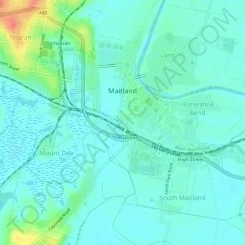 Mappa topografica Maitland, altitudine, rilievo