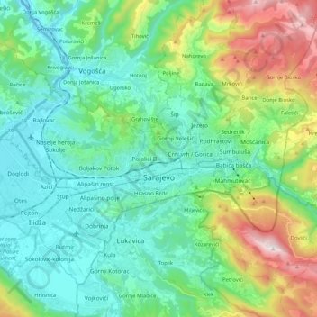 Mappa topografica Saraievo, altitudine, rilievo