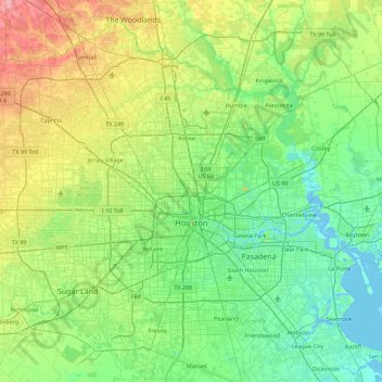 Mappa topografica Houston, altitudine, rilievo